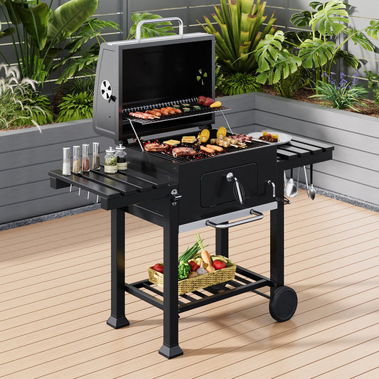 138CM Wide Charcoal BBQ Grill with Side Shelves