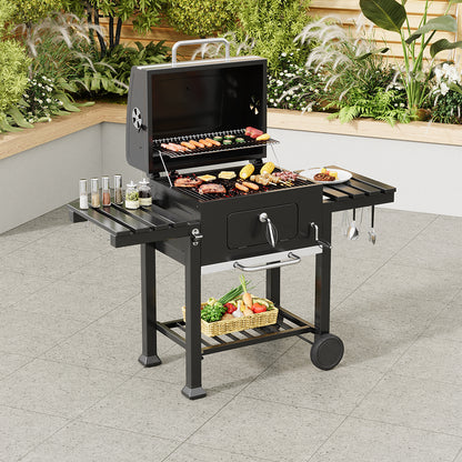 138CM Wide Charcoal BBQ Grill with Side Shelves