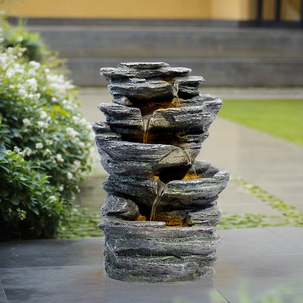 Solar Powered Cascading Water Fountain LED Lights Rockery Decorated