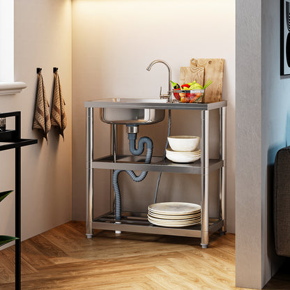 Stainless Steel One Compartment Sink with Shelves and Drainboard