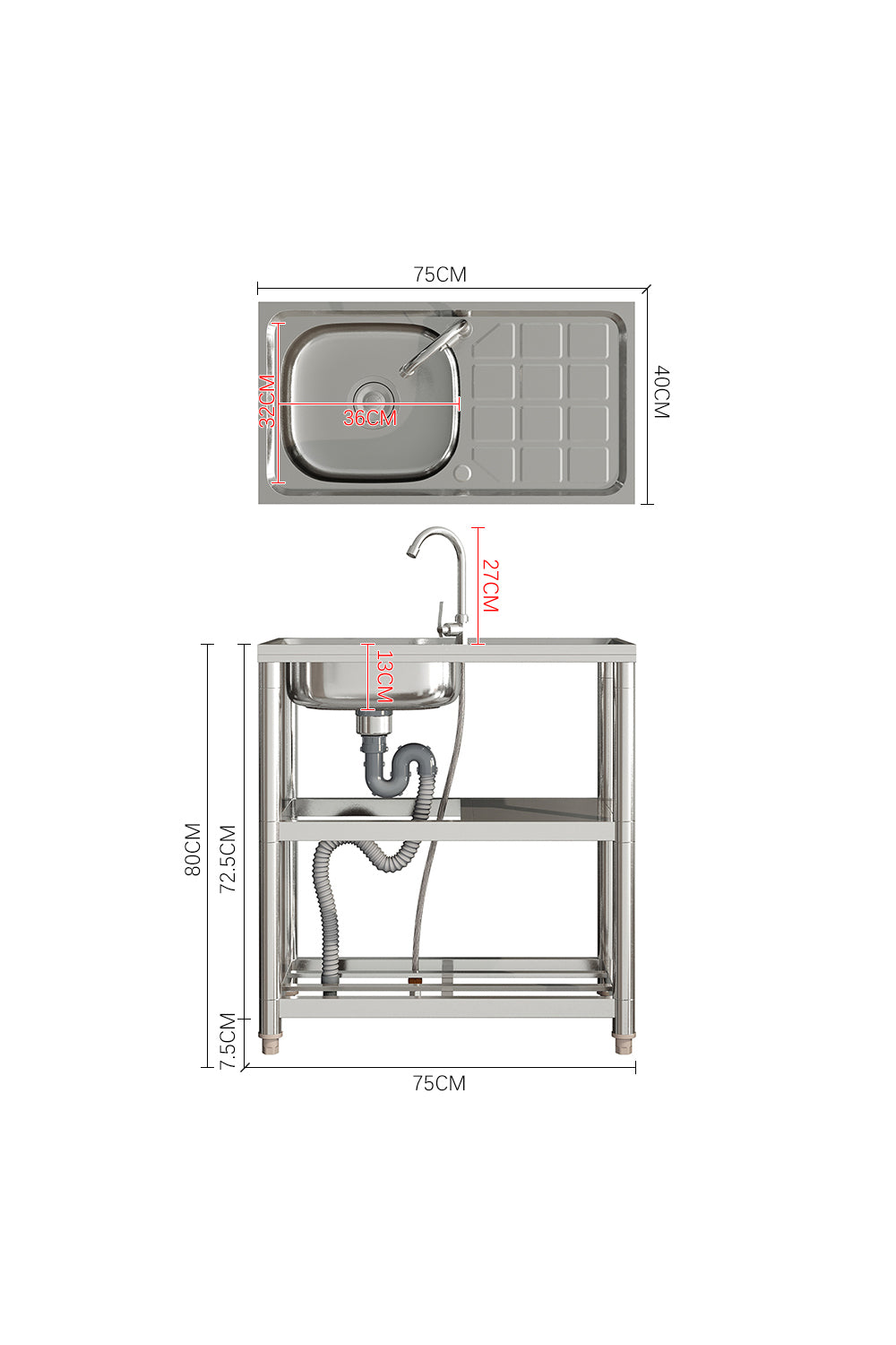 Stainless Steel One Compartment Sink with Shelves and Drainboard