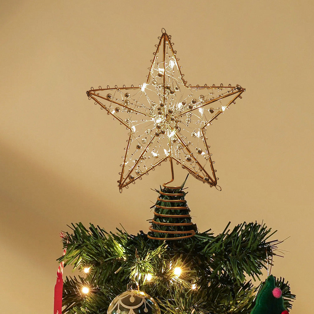 Modern Metal Pre-Lit Star Christmas Tree Topper with Beads