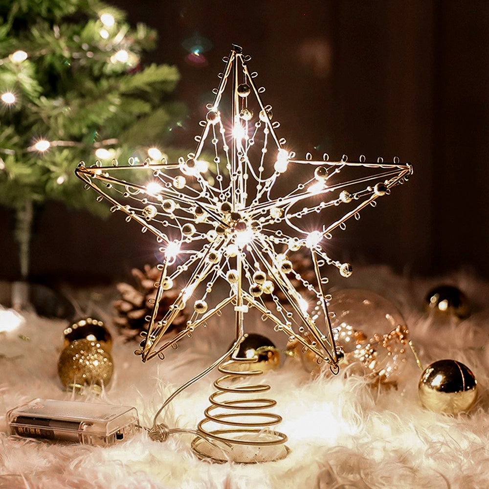Modern Metal Pre-Lit Star Christmas Tree Topper with Beads