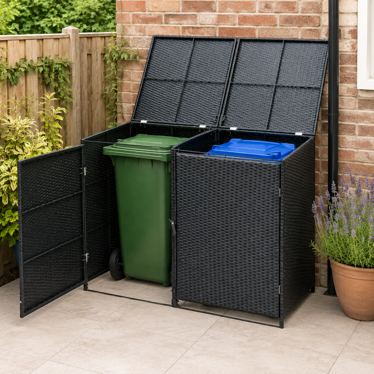Double Wheelie Bin Storage Shed with Rattan Effect Panels