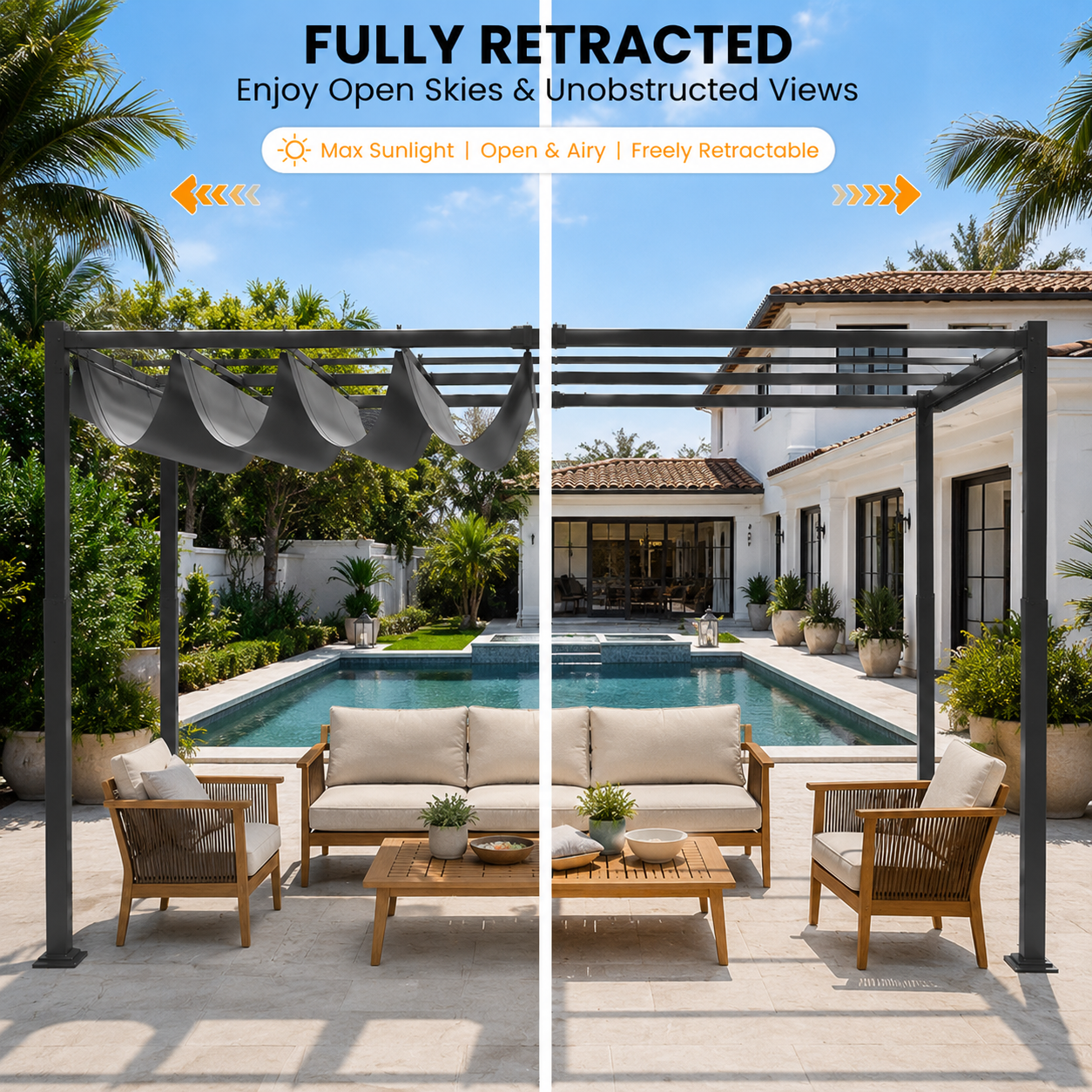 Aluminum Framed Garden Pergola with Retractable Canopy