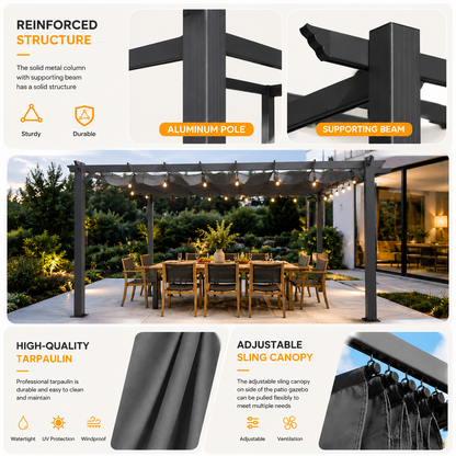Aluminum Framed Garden Pergola with Retractable Canopy