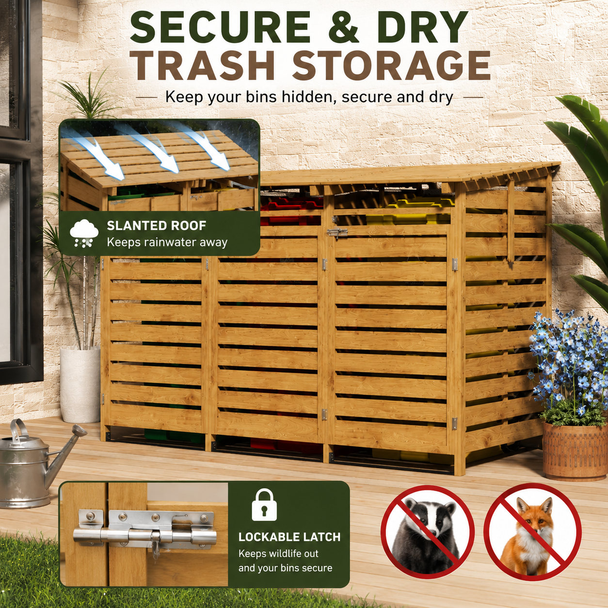 Outdoor Spruce Wood Trash Can Storage Shed
