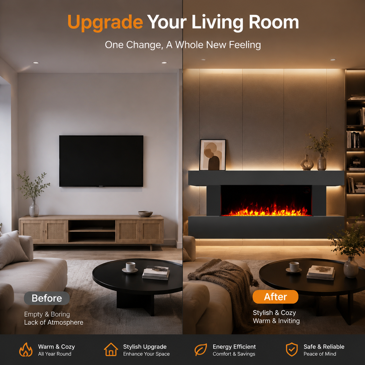 Before and after comparison of a living room with a fireplace.