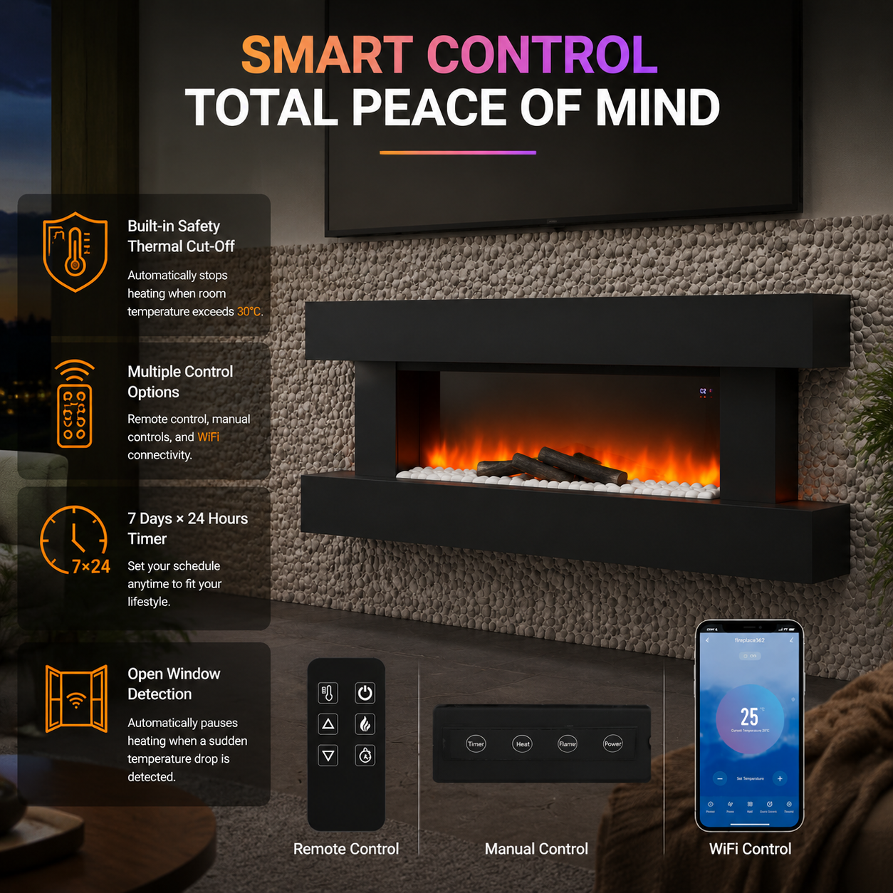 52inch Wall Mounted Electric Fireplace with Remote Control