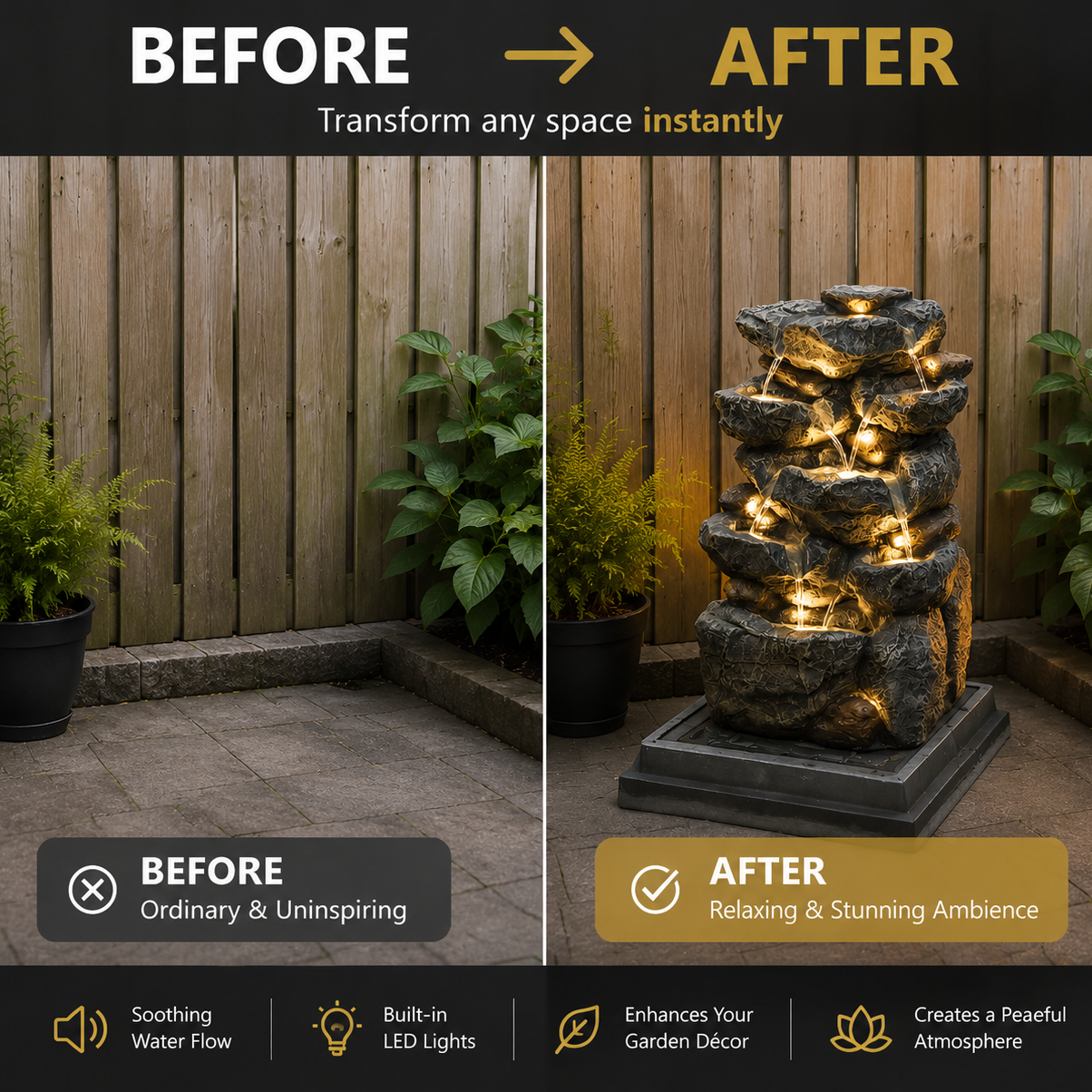 Multi-Tiered Garden Cascading Water Fountain with LED Lights