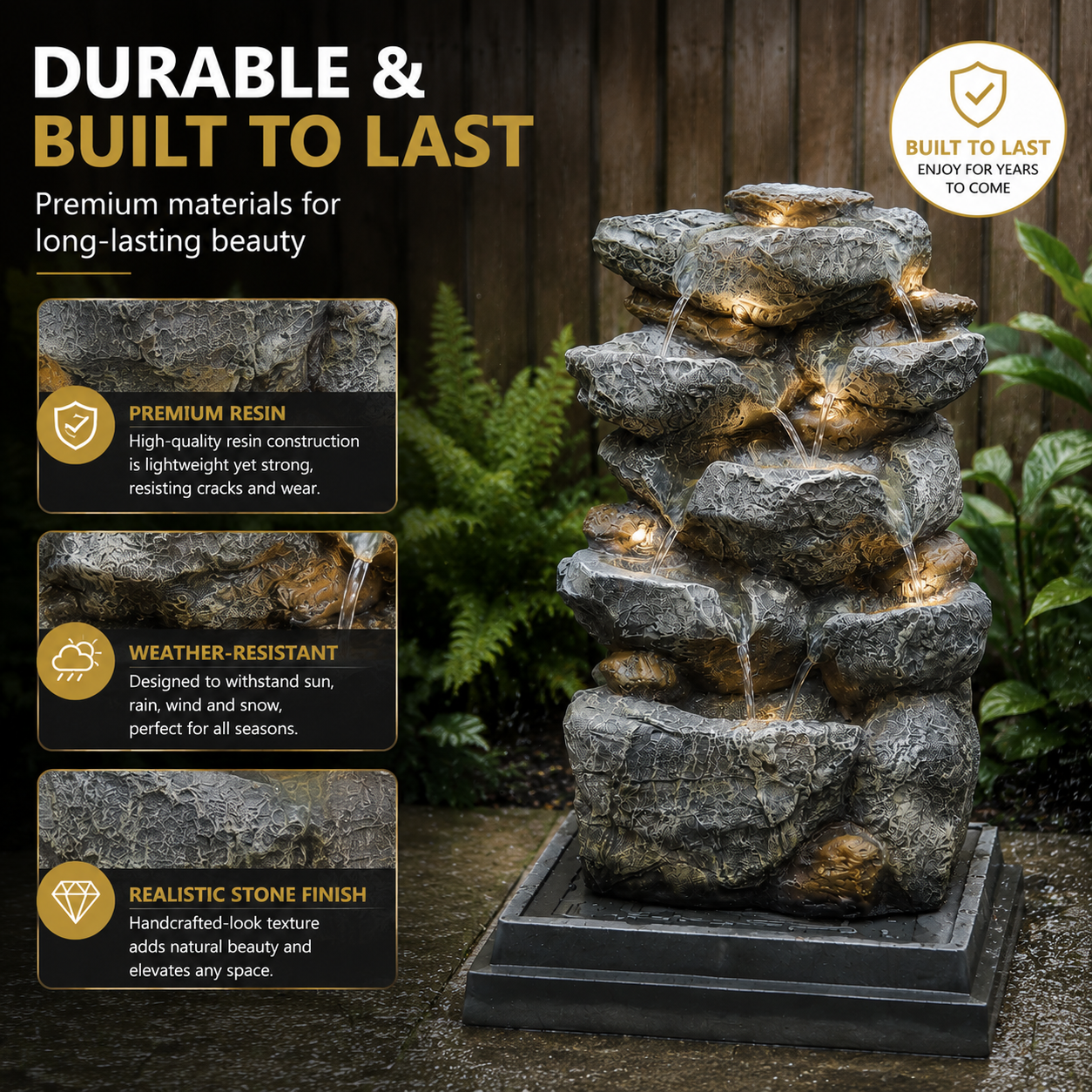 Multi-Tiered Garden Cascading Water Fountain with LED Lights