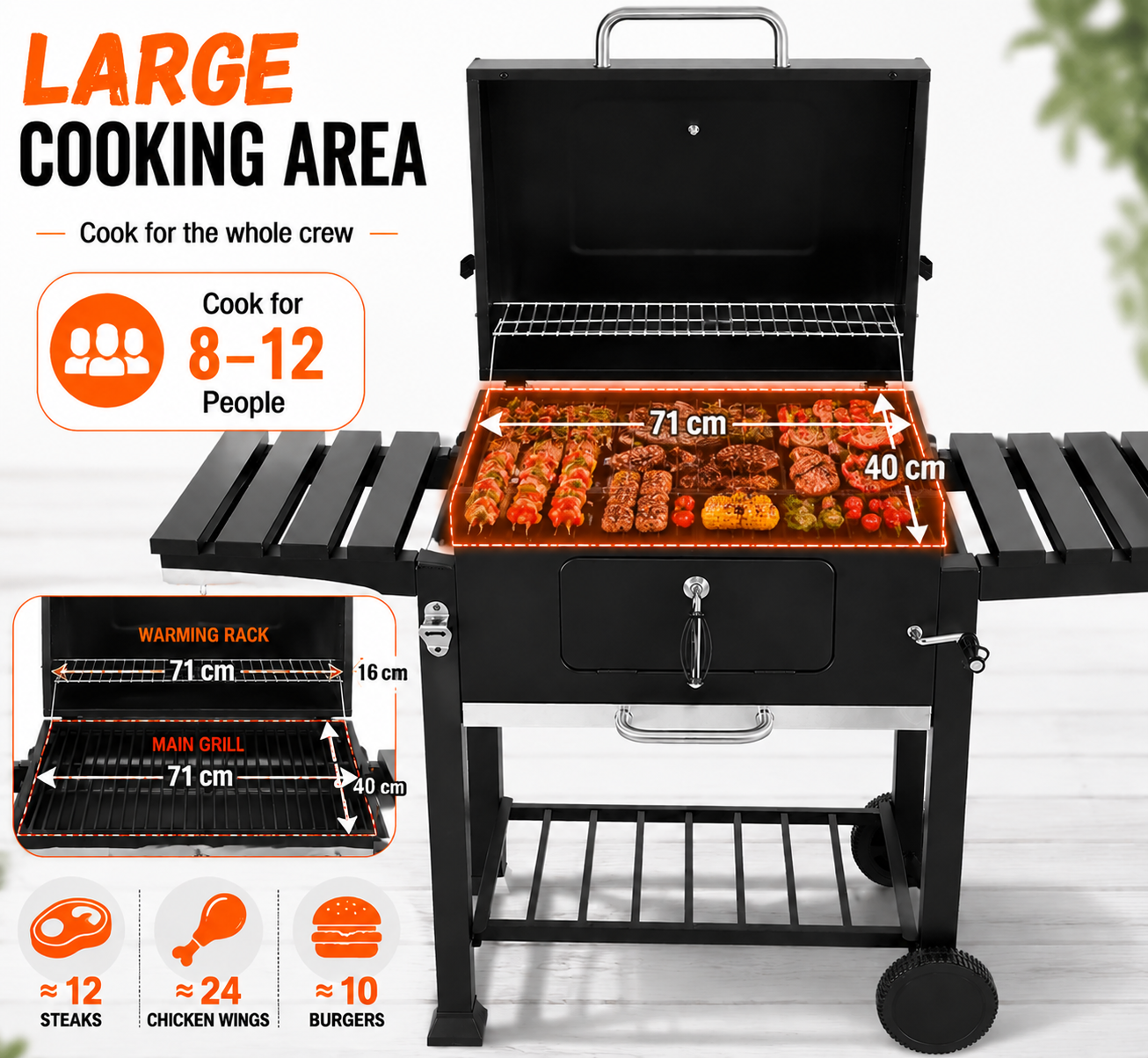 138CM Wide Charcoal BBQ Grill with Side Shelves