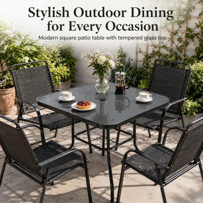 Metal Square Outdoor Dining Table with Tempered Glass Top