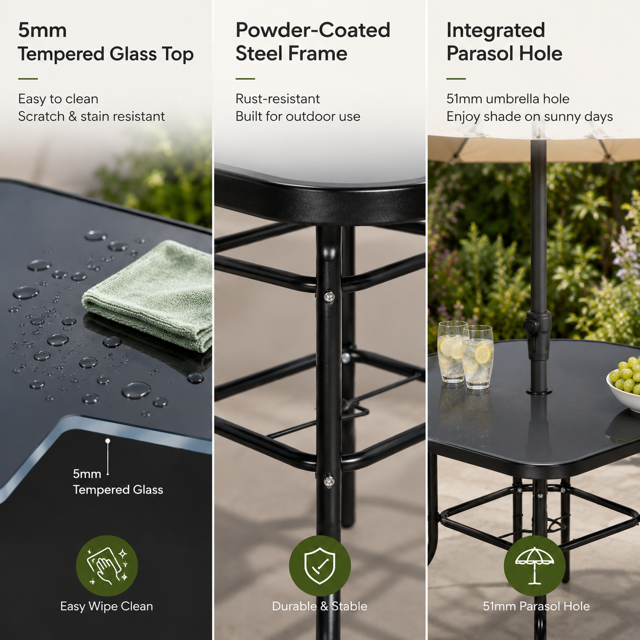Metal Square Outdoor Dining Table with Tempered Glass Top
