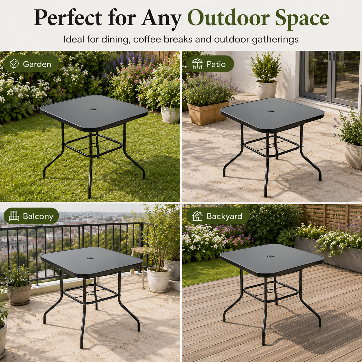 Metal Square Outdoor Dining Table with Tempered Glass Top
