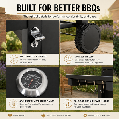 138CM Wide Charcoal BBQ Grill with Side Shelves