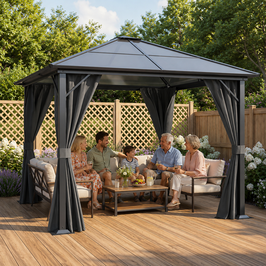 10 x 10FT Metal Frame Hardtop Patio Gazebo with Curtains