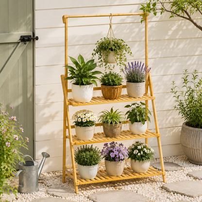 3-Tier Foldable Wooden Ladder Shelf with Hanging Rod