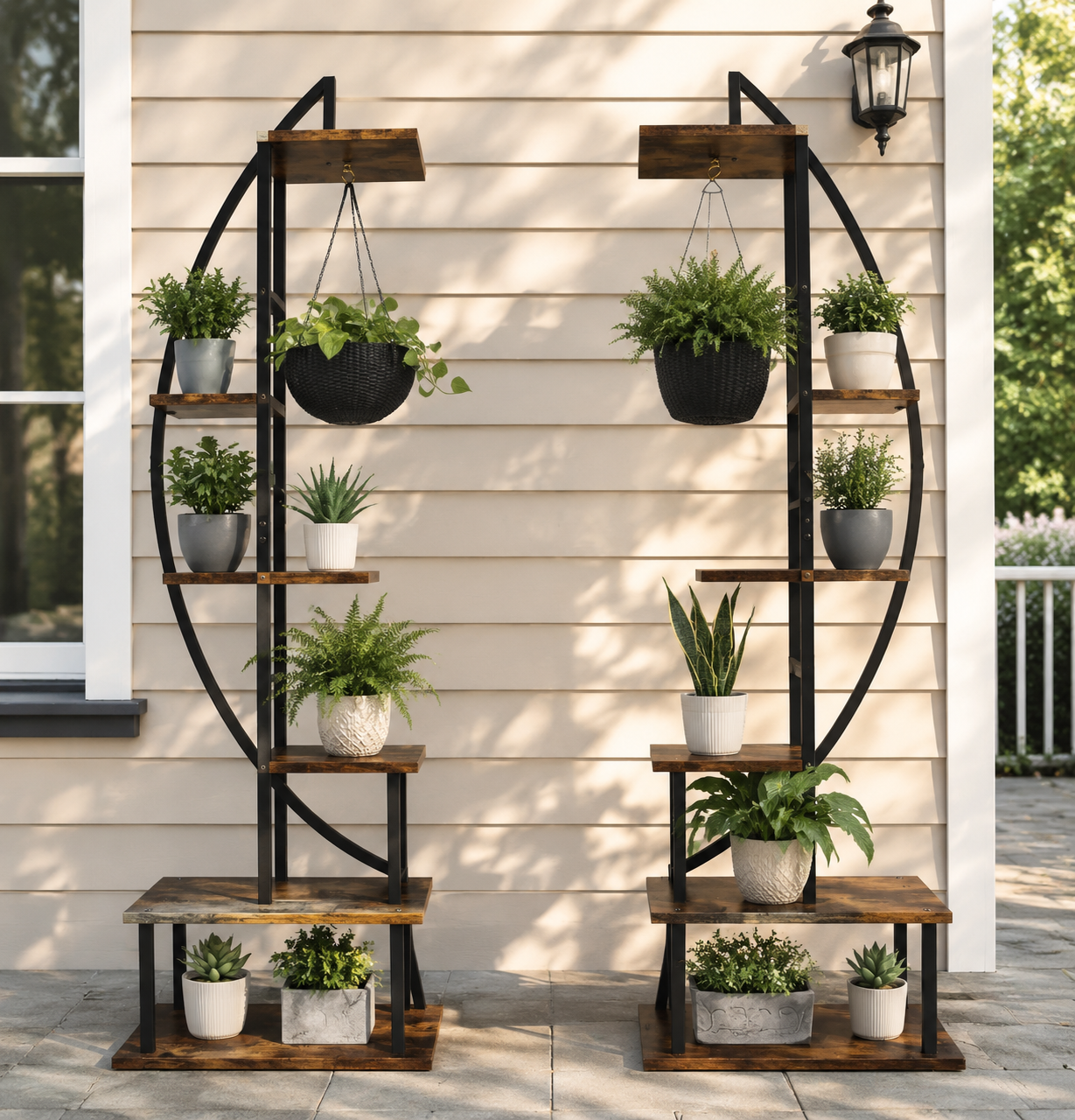 2 Pcs Rustic Brown Crescent Wood Tiered Plant Stand