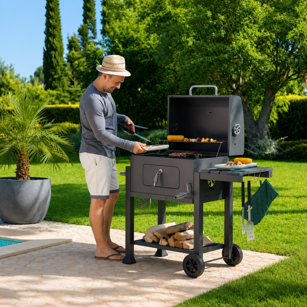 Charcoal BBQ Grill Barrel with Side Table
