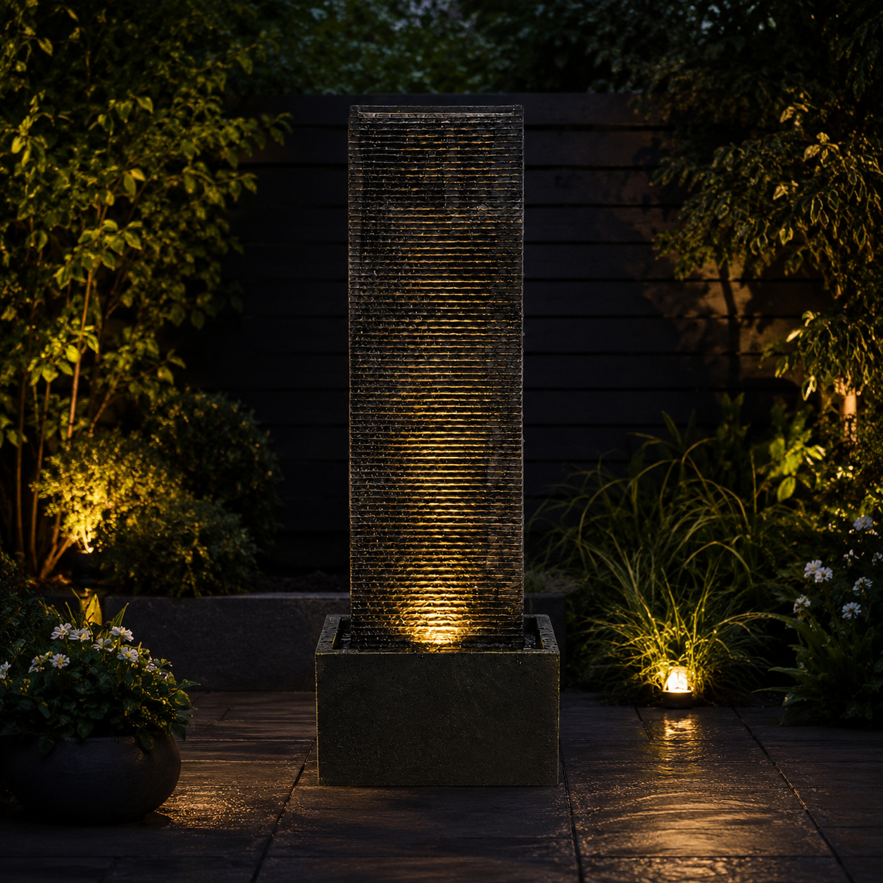 Rectangle Stone-Styled Cascading Waterfall Fountain with LED Lights