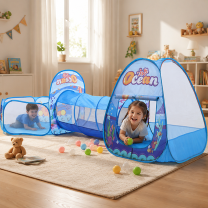 3-in-1 Kids Pop Up Play Tent Set Toddlers Tunnel Playhouse