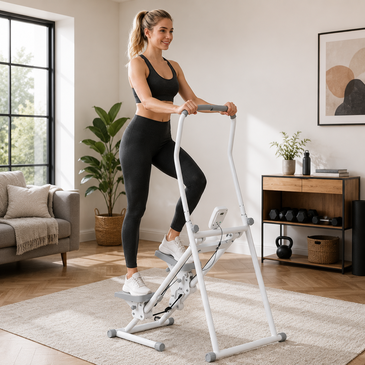 White‑Grey Step Climber Machine with Curved Grey Handrails