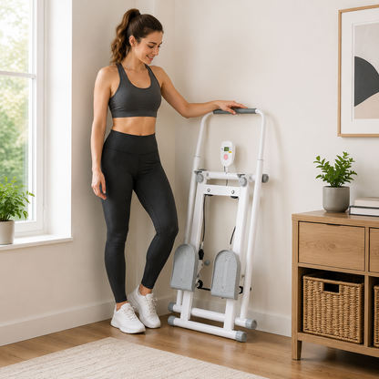 White‑Grey Step Climber Machine with Curved Grey Handrails