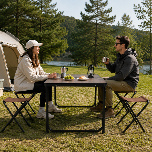 Brown Foldable Outdoor Camping Dining Set with 4 Stools