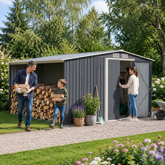 Garden Metal Storage Shed with Log Storage