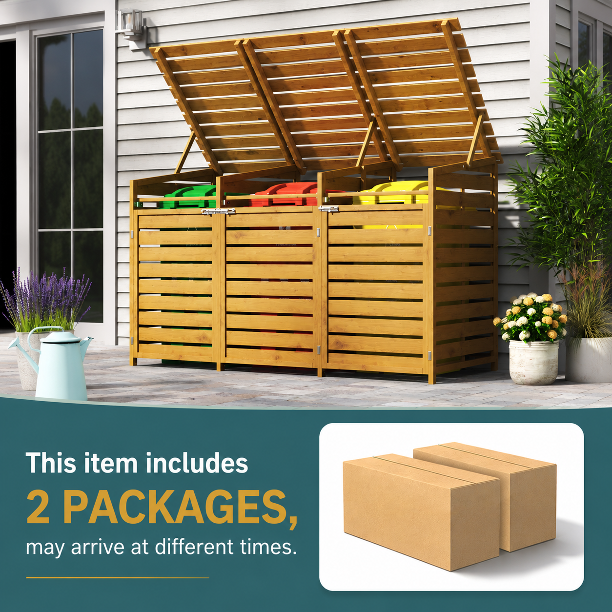 A wooden outdoor composting bin set with three open compartments and colorful lids, shown on a patio in front of a house. The image also includes a text note saying the item includes 2 packages, may arrive at different times, and a small inset showing two cardboard boxes.