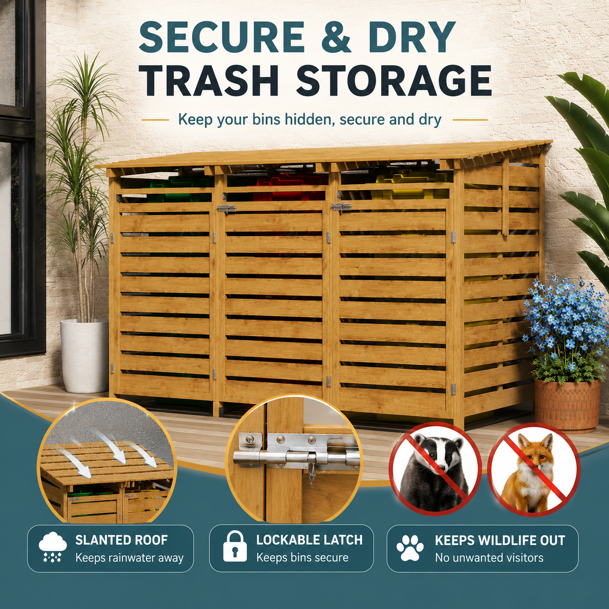 Outdoor Spruce Wood Trash Can Storage Shed