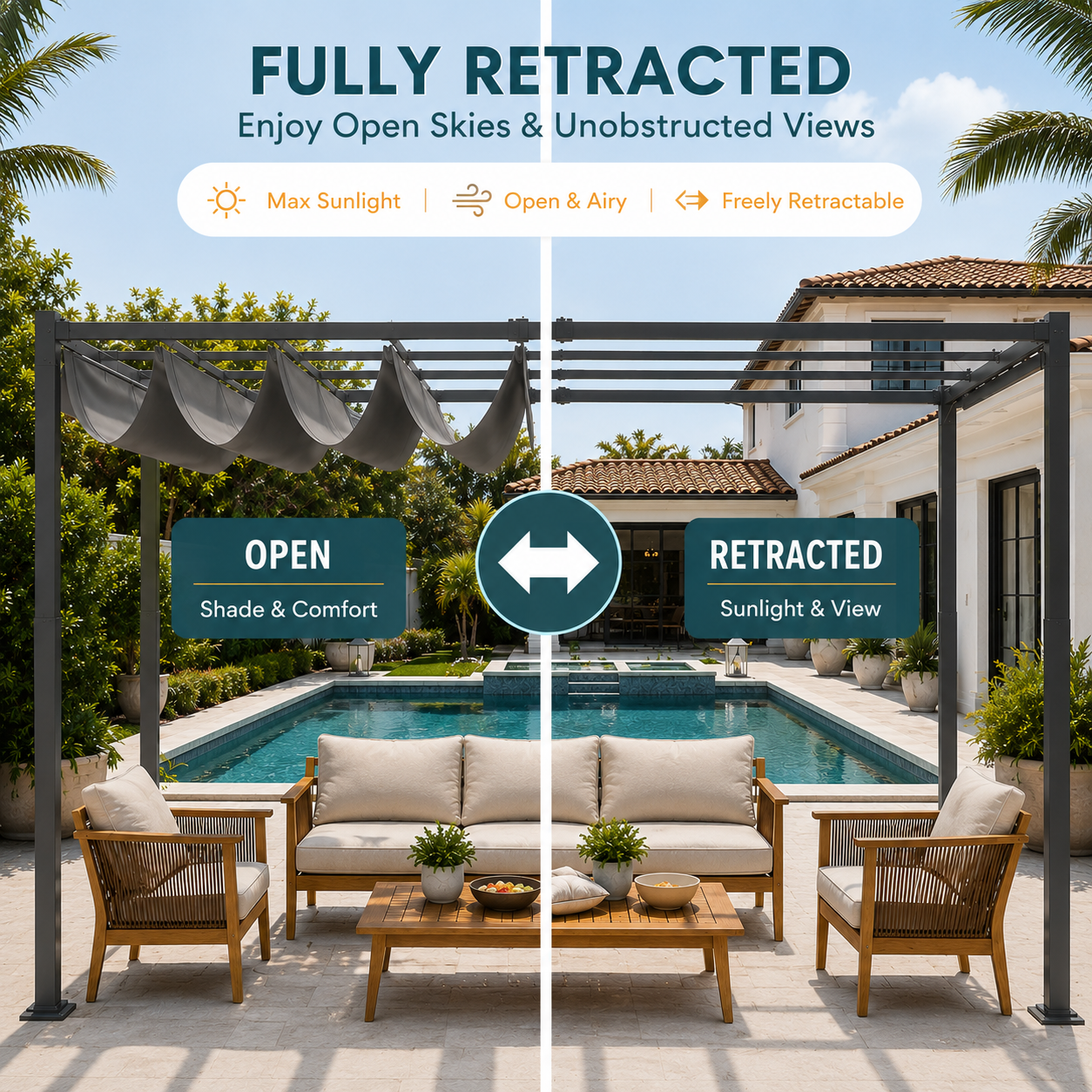 Aluminum Framed Garden Pergola with Retractable Canopy