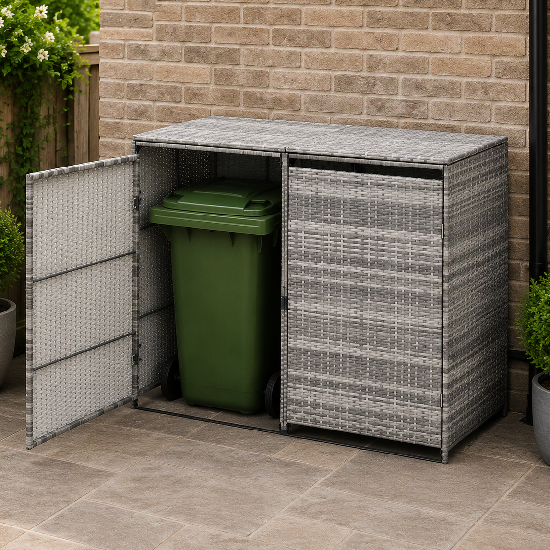 Double Wheelie Bin Storage Shed with Rattan Effect Panels