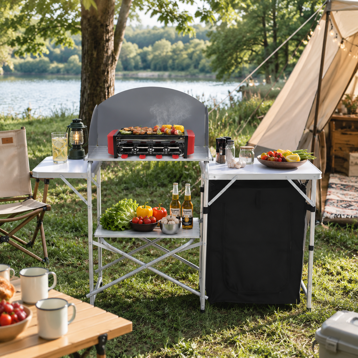 Portable Outdoor Camping Kitchen Table with Folding Design