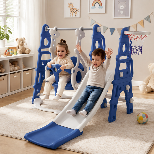Blue/Pink Kids Toddler Swing and Slide Set with Basketball Hoop