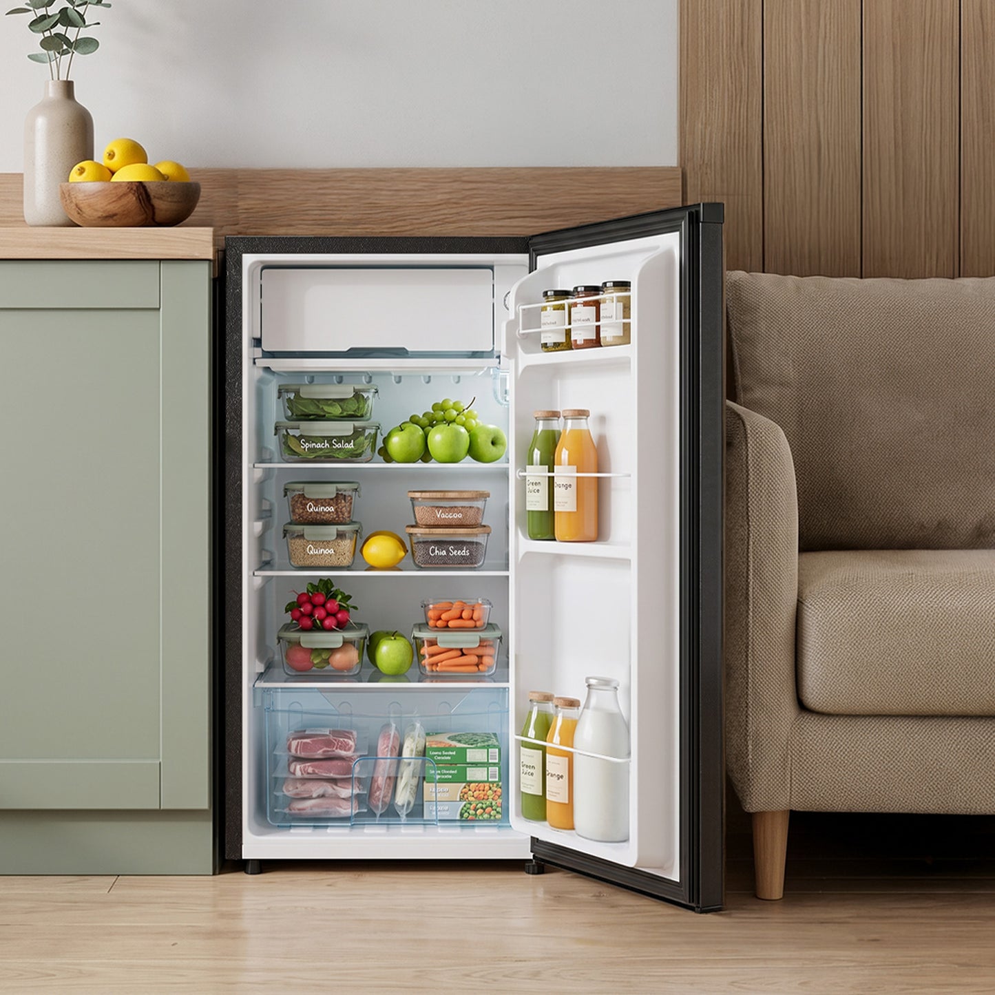 Black Compact Refrigerator with 9L Freezer Compartment
