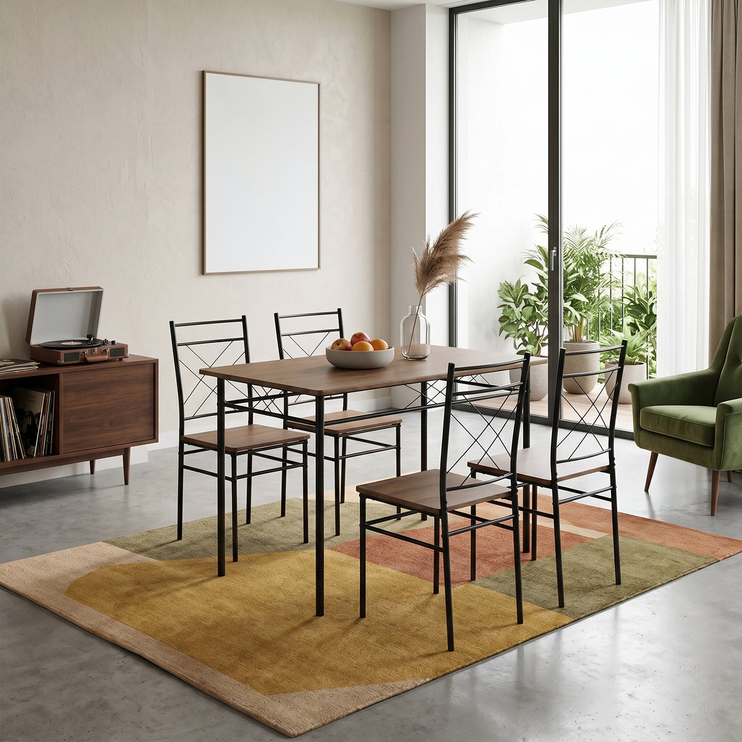 Oak & Black Dining Table Set with 4 Chairs