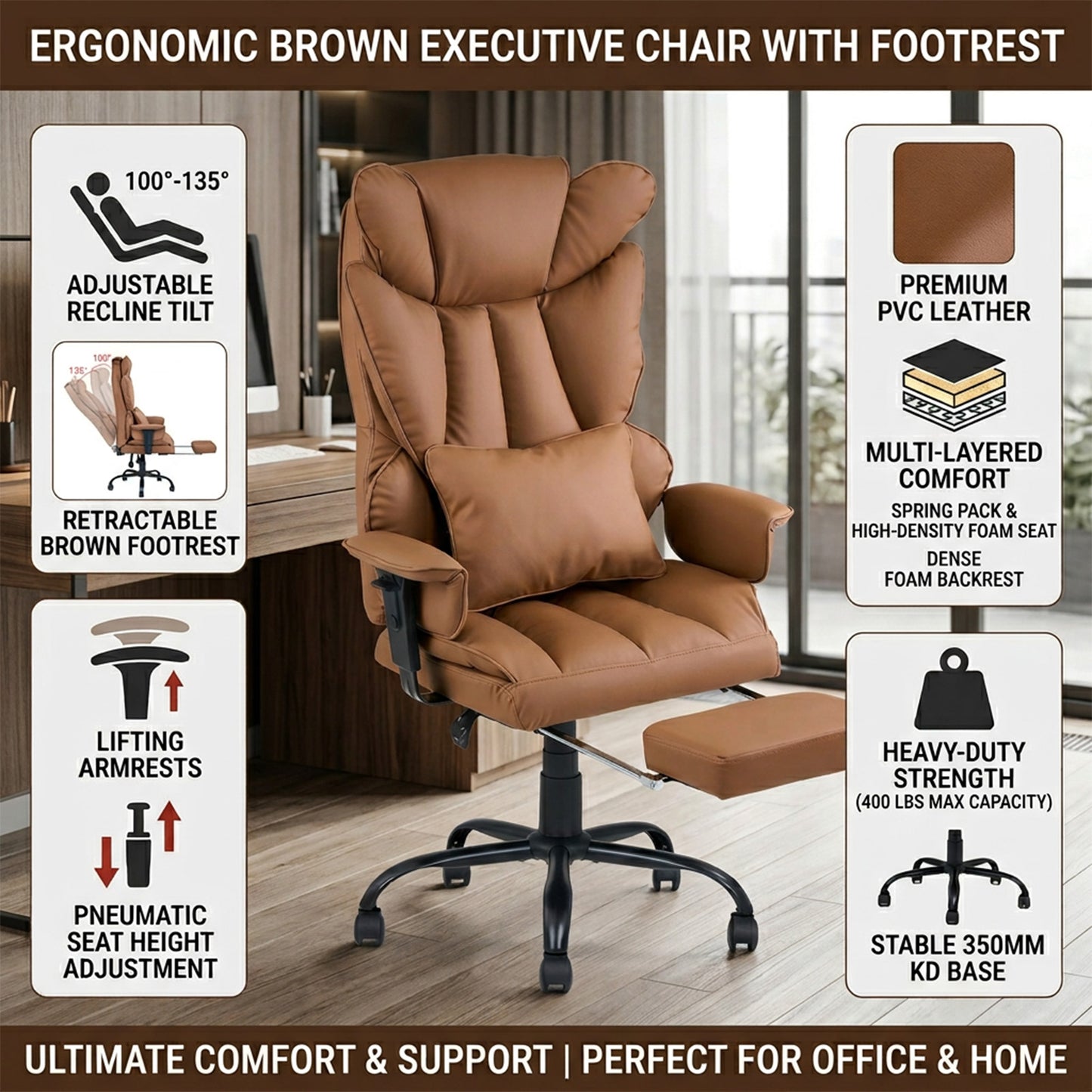 Ergonomic High Back Office Chair with Footrest and Casters