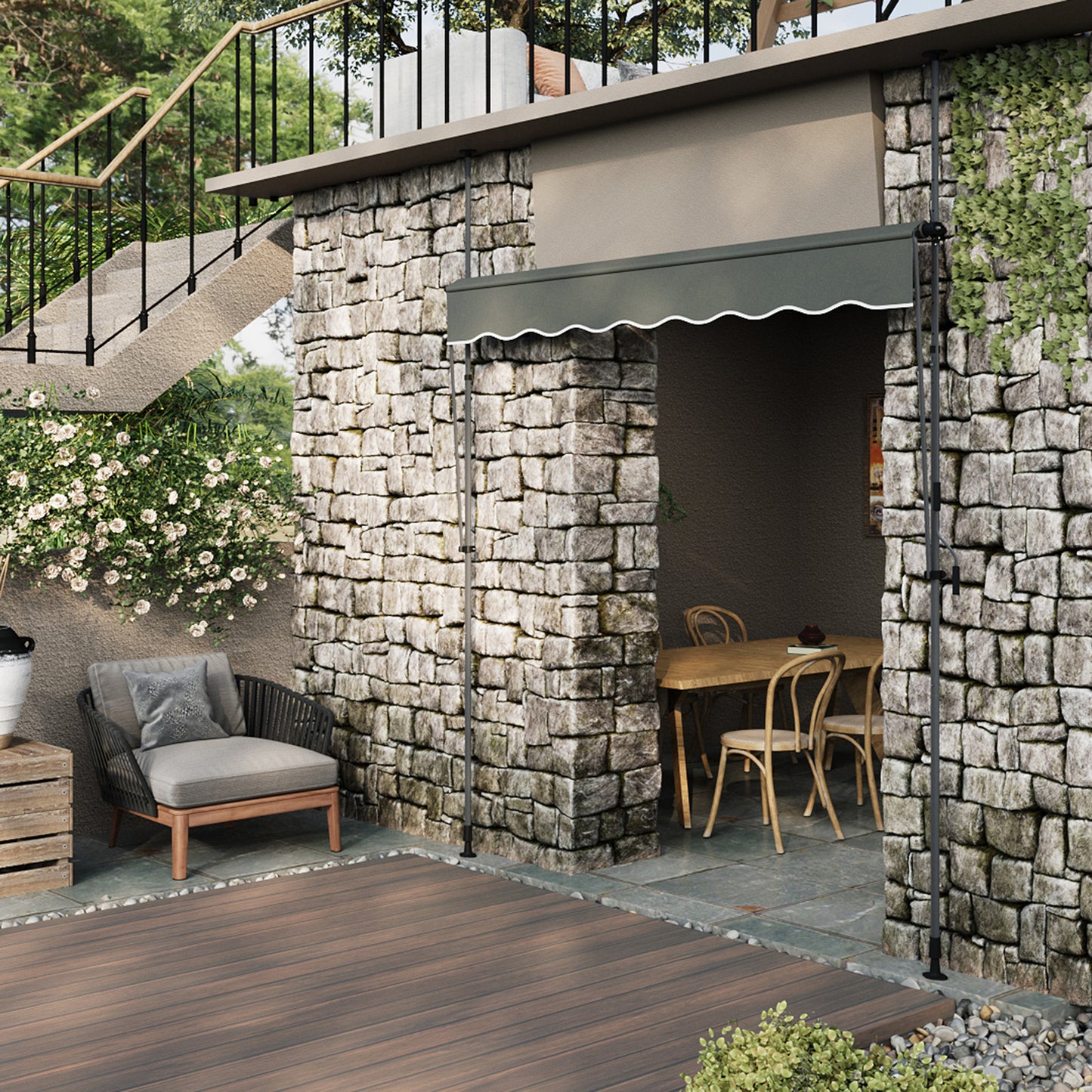 Retractable Awning with Adjustable Support Poles