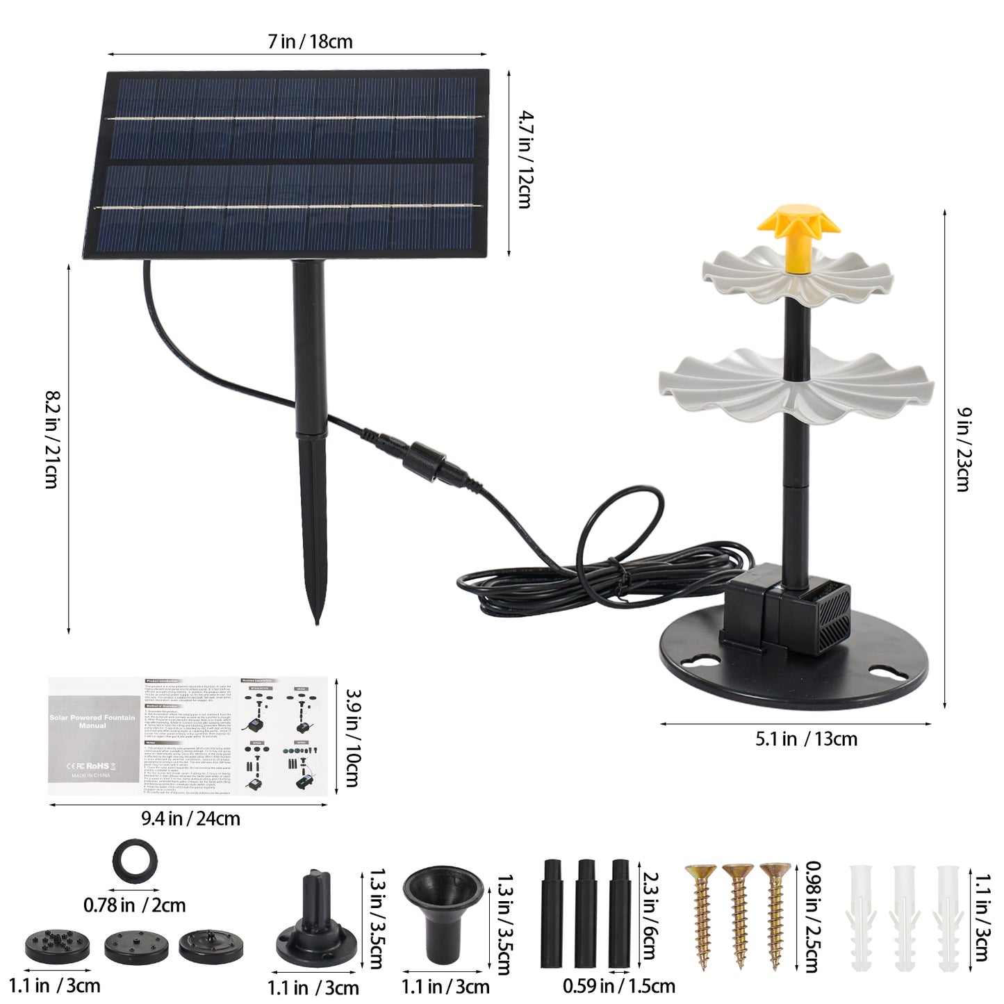 4W Solar Fountain Pump with Adjustable Solar Panel & 6 Nozzles