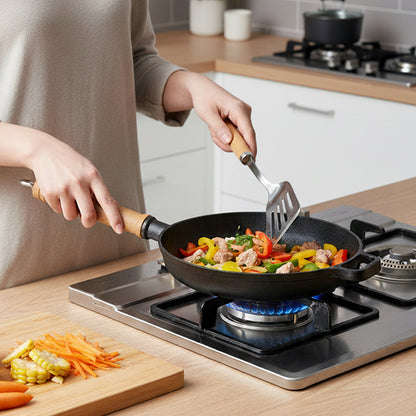 Round Cast Iron Frying Pan with Removable Wooden Handle