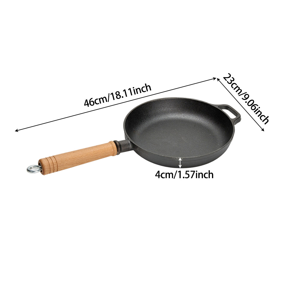 Round Cast Iron Frying Pan with Removable Wooden Handle