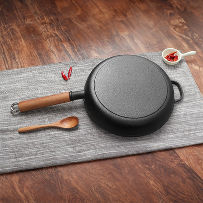 Round Cast Iron Frying Pan with Removable Wooden Handle