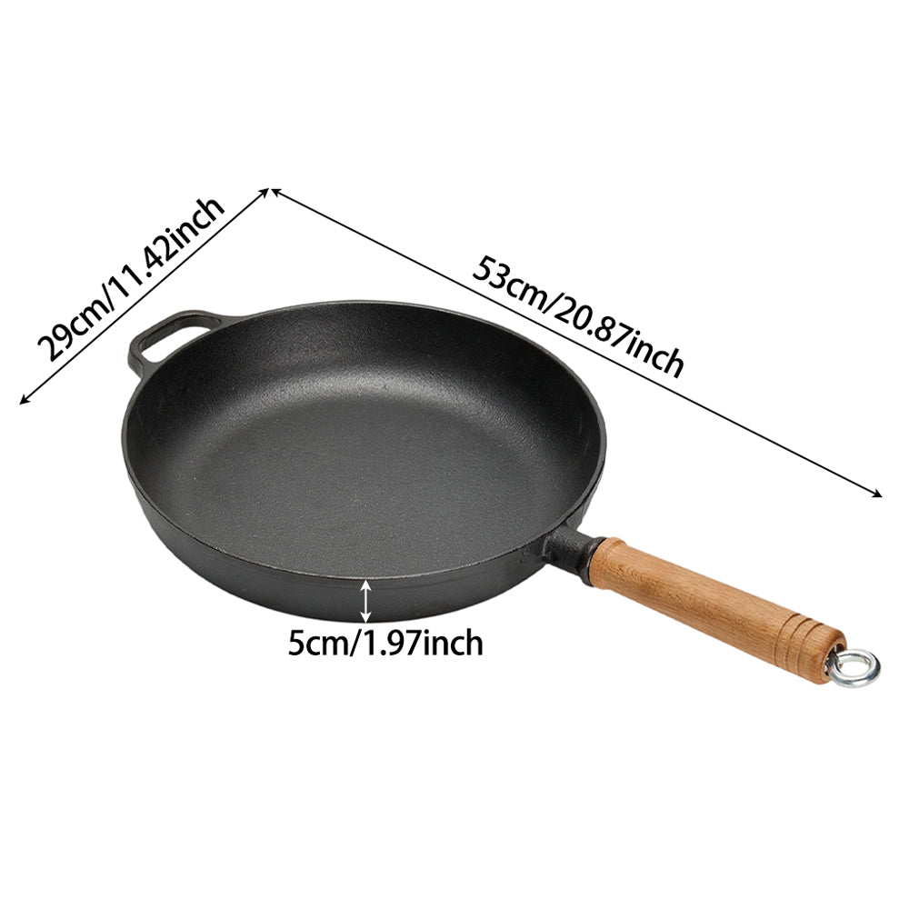 Round Cast Iron Frying Pan with Removable Wooden Handle