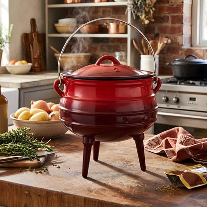 Enameled Cast Iron Cauldron with Lid and Three Legs