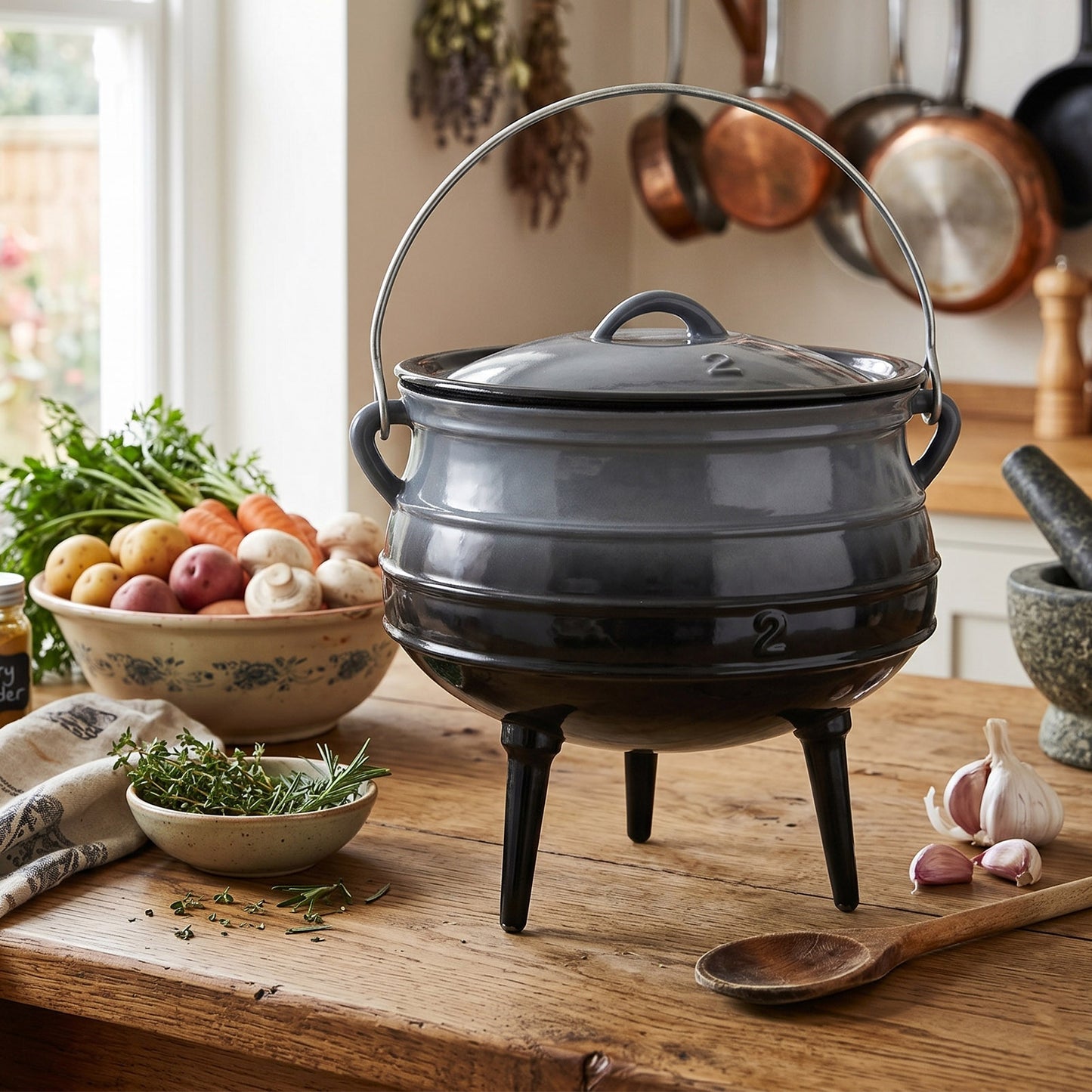 Enameled Cast Iron Cauldron with Lid and Three Legs
