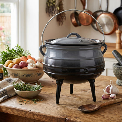 Enameled Cast Iron Cauldron with Lid and Three Legs