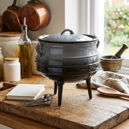 Enameled Cast Iron Cauldron with Lid and Three Legs