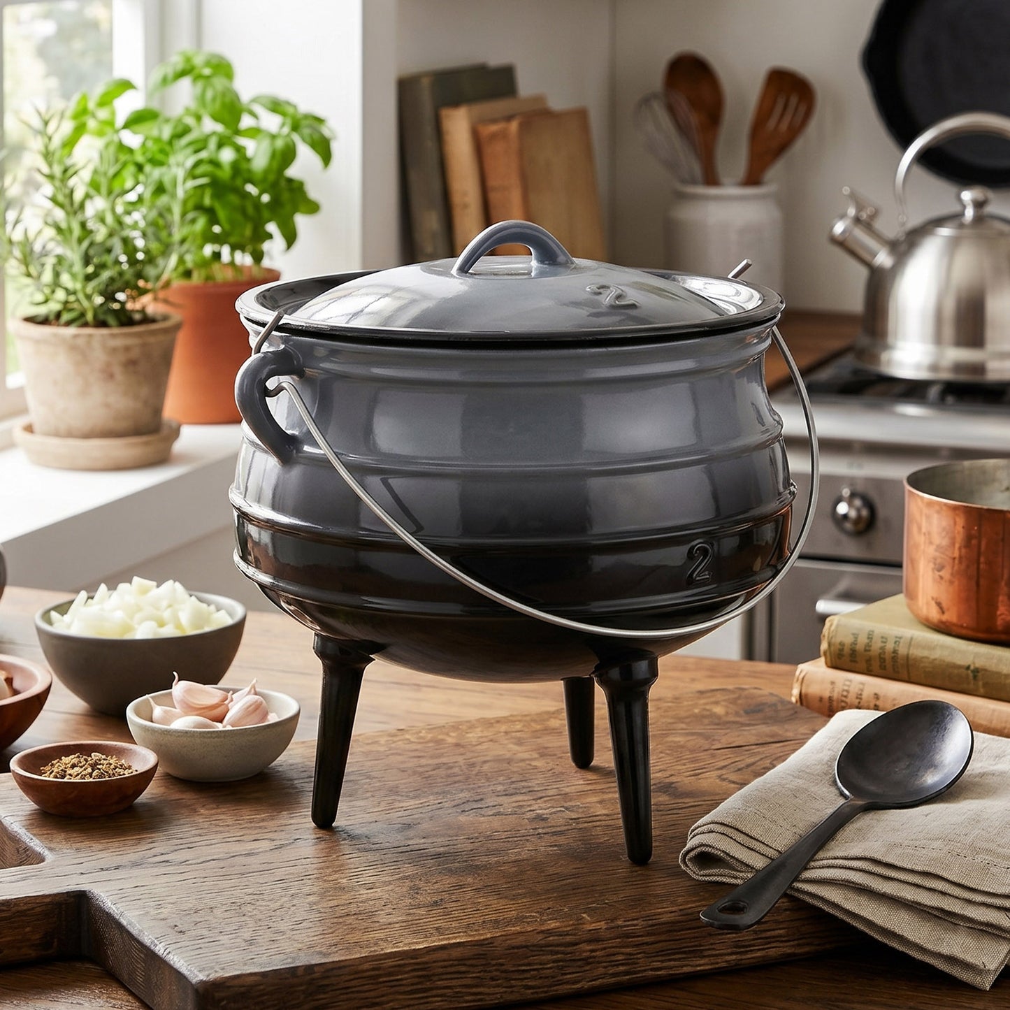 Enameled Cast Iron Cauldron with Lid and Three Legs